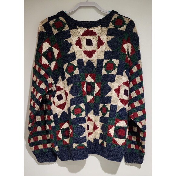 Norm Thompson Mens Cotton Hand-Knitted Sweater Multicolor Patchwork Pattern Sz M - Picture 2 of 9